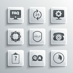 Set Question and Answer, Time Management, Telephone, Shield with text Help, Clipboard question marks, Lifebuoy, Computer monitor FAQ and Location gear icon. Vector