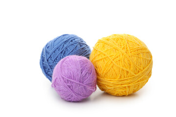 Multi colored balls of yarn, isolated on white background
