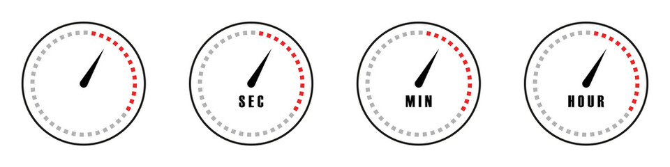 Conjunto de icono de reloj, cronómetro, temporizador. Concepto de tiempo o cuenta regresiva. Ilustración vectorial