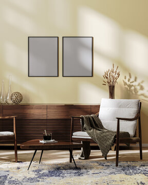 poster frames mock up in Cozy modern living room interior mock up in light brown tones, scandinavian style, 3d illustration