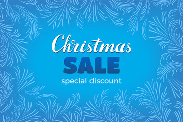 Christmas sale background. Discount banner with winter blue pattern and lettering. Vector cartoon flat illustration.