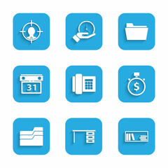 Set Telephone, Office desk, Shelf with books, Time is money, Document folder, Calendar, and Head hunting concept icon. Vector