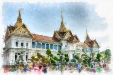 Fototapeta premium Bangkok Grand Palace watercolor style illustration impressionist painting.