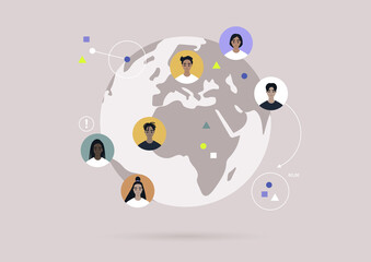 Global communications concept, a Globe with colorful user avatars on it, Globalisation - obrazy, fototapety, plakaty