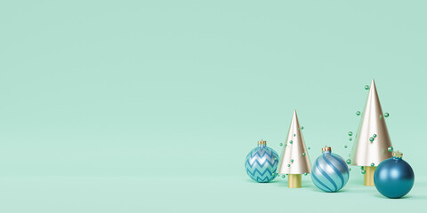 Christmas or New Year holidays background, golden fir-trees with blue baubles, 3d render