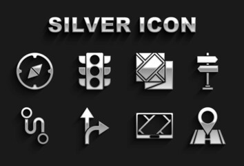 Set Road traffic sign, Location, Gps device with map, Route location, Folded, Compass and Traffic light icon. Vector