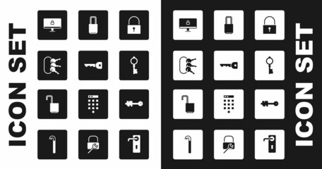 Set Lock, Key, Bunch of keys, on computer monitor, Old, and Open padlock icon. Vector