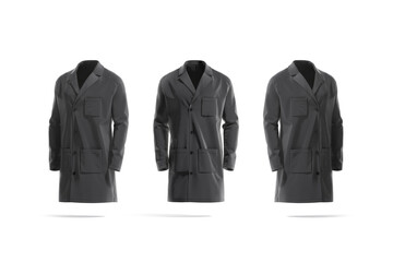 Blank black medical lab coat mockup, front and side view