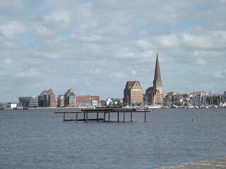 View from Gehlsdorfer Ufer over the Warnow to the skyline of Rostock, Mecklenburg-Western...