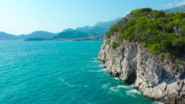 Shoreline and Adriatic sea scenic landscape on the coast path on Montenegro, Balkans, Europe. Aerial drone view 4K.
