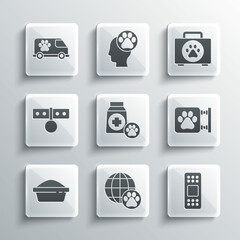 Set World pet, Bandage plaster, Veterinary clinic, Bag of food, Pet bowl, Collar with name tag, ambulance and first aid kit icon. Vector