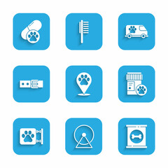 Set Location veterinary, Hamster wheel, Canned food, Dog medicine bottle, Veterinary clinic, Collar with name tag, ambulance and pill icon. Vector