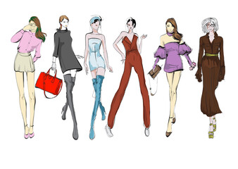 Obraz premium Young beautiful woman in stylish clothes. Sale concept. Hand-drawn fashion illustration