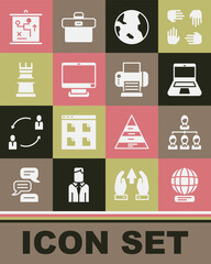 Set Worldwide, Hierarchy organogram chart, Laptop, Earth globe, Computer monitor, Business strategy, Planning concept and Printer icon. Vector