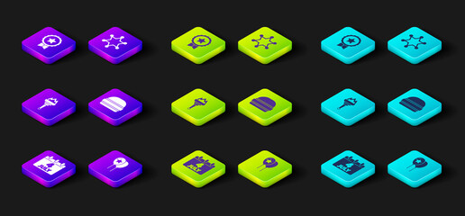 Set Calendar with date July 4, Balloons, Torch flame, Burger, Hexagram sheriff and Medal star icon. Vector