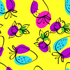 Color Blueberry Vector Yellow Seamless Pattern.
