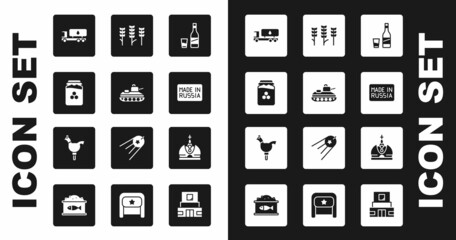 Set Bottle of vodka with glass, Military tank, Jar honey, Tanker truck, Made in Russia, Wheat, King crown and Cockerel lollipop icon. Vector