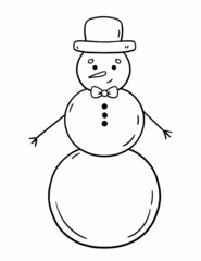 Cute snowman in a hat and bow tie isolated on white background. Vector hand-drawn illustration in doodle style. Perfect for holiday and Christmas designs, cards, logo, decorations.