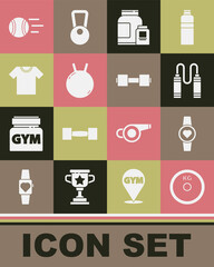 Set Weight plate, Smartwatch, Jump rope, Sports nutrition, Kettlebell, T-shirt, Tennis ball and Dumbbell icon. Vector