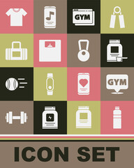 Set Fitness shaker, Location gym, Sports nutrition, Online fitness and training, Bathroom scales, bag, T-shirt and Kettlebell icon. Vector