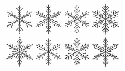 Set of snowflakes of different shapes isolated on a white background. Vector hand-drawn illustration in doodle style. Perfect for holiday and Christmas designs, cards, logo, decorations.