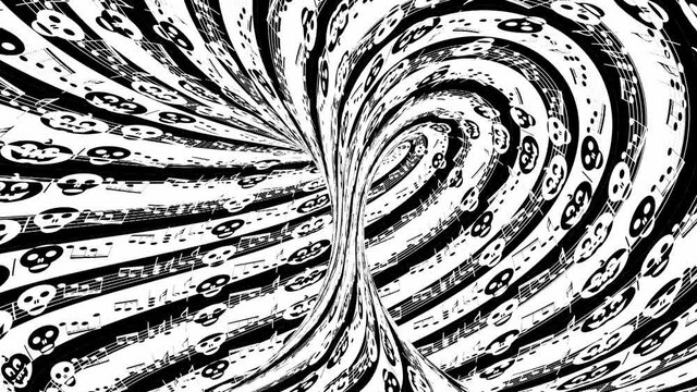 3D rendering for HALLOWEEN of a musical spiral tornado vortex with skulls and Jack-o-lantern pumpkins instead of musical signs, and black and white musical notes, for parties and events