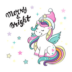 Beautiful unicorn in Santa Claus hat and inscription Merry and Bright