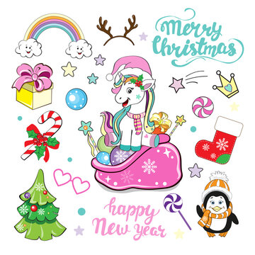 A beautiful unicorn in a Santa Claus hat and an inscription of Merry Christmas and a Happy New Year collection