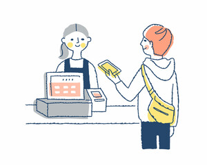 レジでの支払いをスマホでキャッシュレス決済する男性客