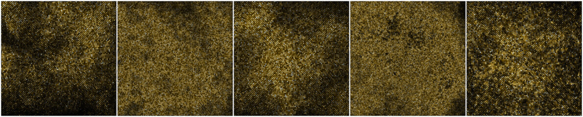 Set of Gold Glitter Halftone Dotted Backdrop. Abstract Circular Retro Pattern. Pop Art Style Background. Golden Explosion of Confetti. Digitally Generated Image. Vector Illustration, EPS 10.  