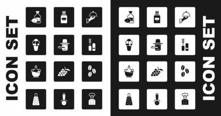 Set Covered with tray of food, Pinocchio, Ice cream, Limoncello bottle, Mascara brush, Perfume, Coffee beans and Bottle olive oil icon. Vector