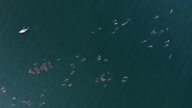 Large group of Swimmers crossing the Sea of Galilee, Aerial view.

