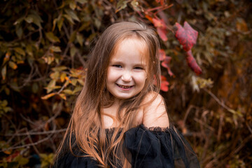 Portrait of a little beautiful smiling girl with long brown hair in a black dress. Autumn