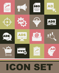 Set Advertising, Magnifying glass and analysis, SEO optimization, Target sport, Document with graph chart and Lead management icon. Vector