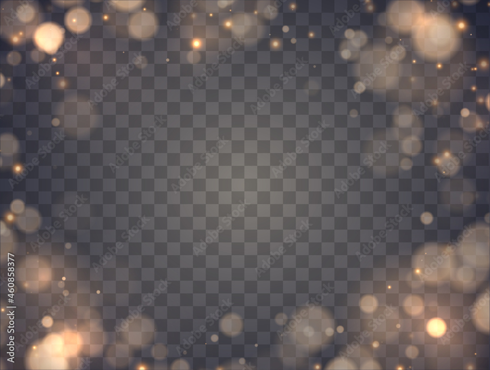 Poster Shining bokeh isolated on transparent background. Golden bokeh lights with glowing particles isolated. Christmas concept