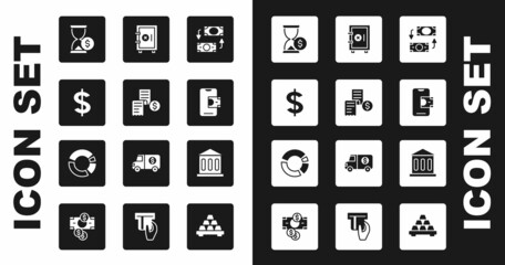 Set Money exchange, Paper or financial check, Dollar symbol, Hourglass with dollar, Mobile banking, Safe, Bank building and Pie chart infographic icon. Vector