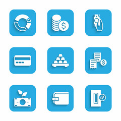 Set Gold bars, Wallet, Inserting coin, Paper or financial check, Money plant the pot, Credit card, Fast payments and Pie chart infographic icon. Vector