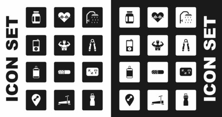 Set Shower head, Bodybuilder muscle, Music player, Sports nutrition, expander, Heart rate, Fitness club, gym card and Punching bag icon. Vector