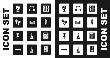 Set Sound mixer controller, Home stereo, Maracas, Location musical note, Microphone, Headphones, Drum machine and icon. Vector