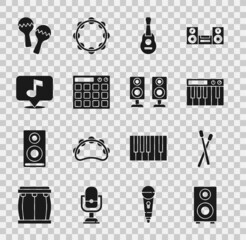 Set Stereo speaker, Drum sticks, Music synthesizer, Guitar, machine, Musical note, Maracas and icon. Vector © Kostiantyn