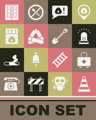 Set Traffic cone, First aid kit, Ringing alarm bell, Telephone call 911, Campfire, Matchbox and matches, Evacuation plan and Fire shovel icon. Vector