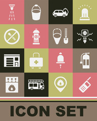 Set Walkie talkie, Fire extinguisher, Electricity spark, Burning car, hydrant, No fire match, sprinkler and shovel and bucket icon. Vector