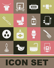 Set Gas boiler, Hairbrush, Electric, Blade razor, Toilet bowl, Toothbrush, Drying clothes and Hand sanitizer bottle icon. Vector