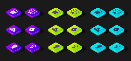 Set Location with leaf, Light bulb, Water energy, Solar panel and Electric car charging station icon. Vector