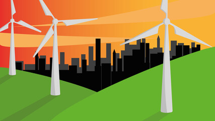 Illustration of windmills on hills and a city in the distance. Renewable energy concept.