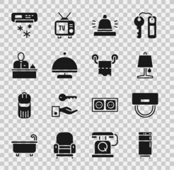 Set Refrigerator, Bellboy hat, Table lamp, Hotel service bell, Covered with tray, reception desk, Air conditioner and Toilet paper roll icon. Vector
