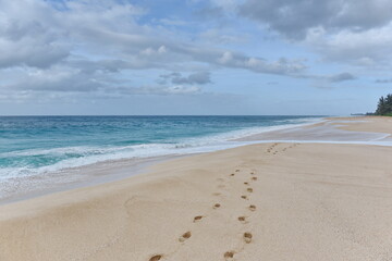 Fototapeta na wymiar beach and sea with foot prints in sand