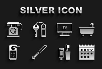 Set Knife, Bathtub, Hotel booking calendar, Toothbrush and toothpaste, Digital door lock, Smart Tv, Telephone handset and key icon. Vector