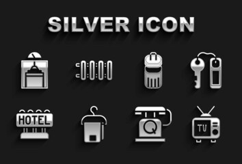Set Towel on hanger, Hotel door lock key, Retro tv, Telephone handset, Signboard with text, Trash can, Lift and Heating radiator icon. Vector