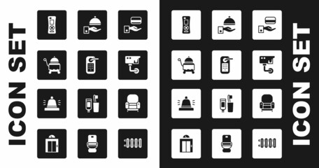 Set Digital door lock, Covered with tray, Remote control, Security camera, Armchair and Hotel service bell icon. Vector